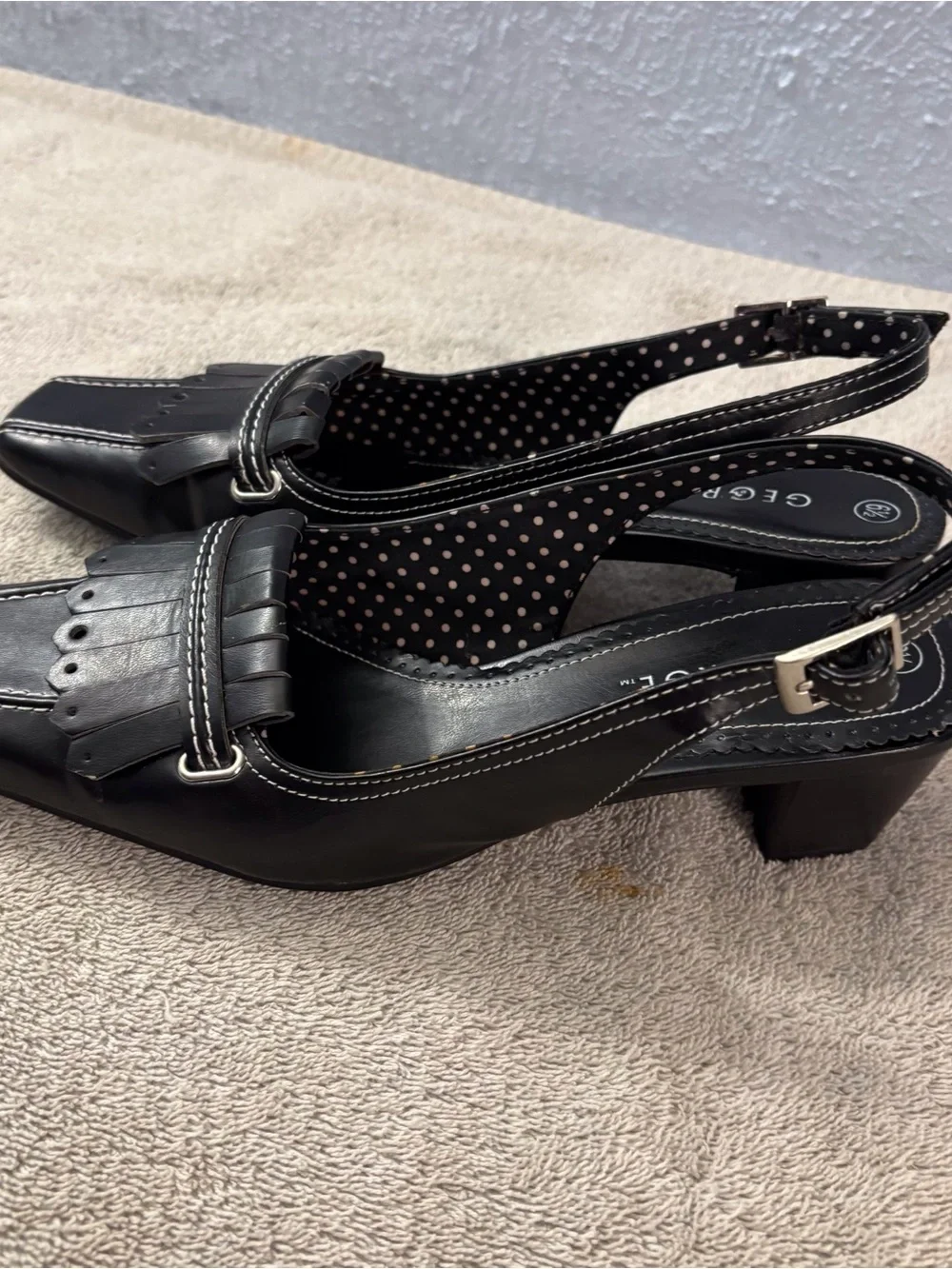 George Black Slingback Heels with Fringe and Contrast Stitching SZ 6.5 MARA